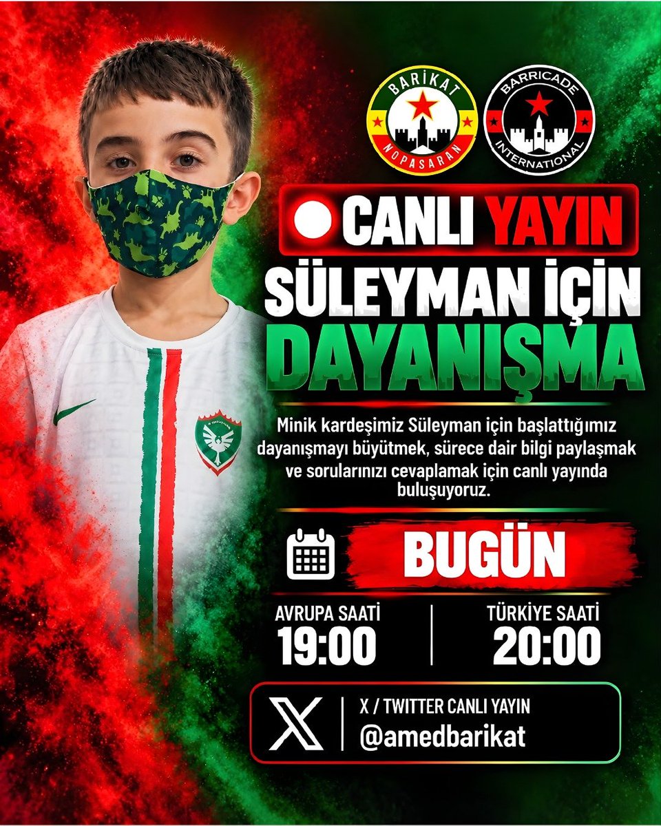 amedbarikat's tweet photo. Bu akşam saat 20.00'de minik taraftarımız Süleyman için space odası açıyoruz. 

Duyarlı taraftarlarımızı desteğe davet ediyoruz. https://t.co/SWtf7TktgL