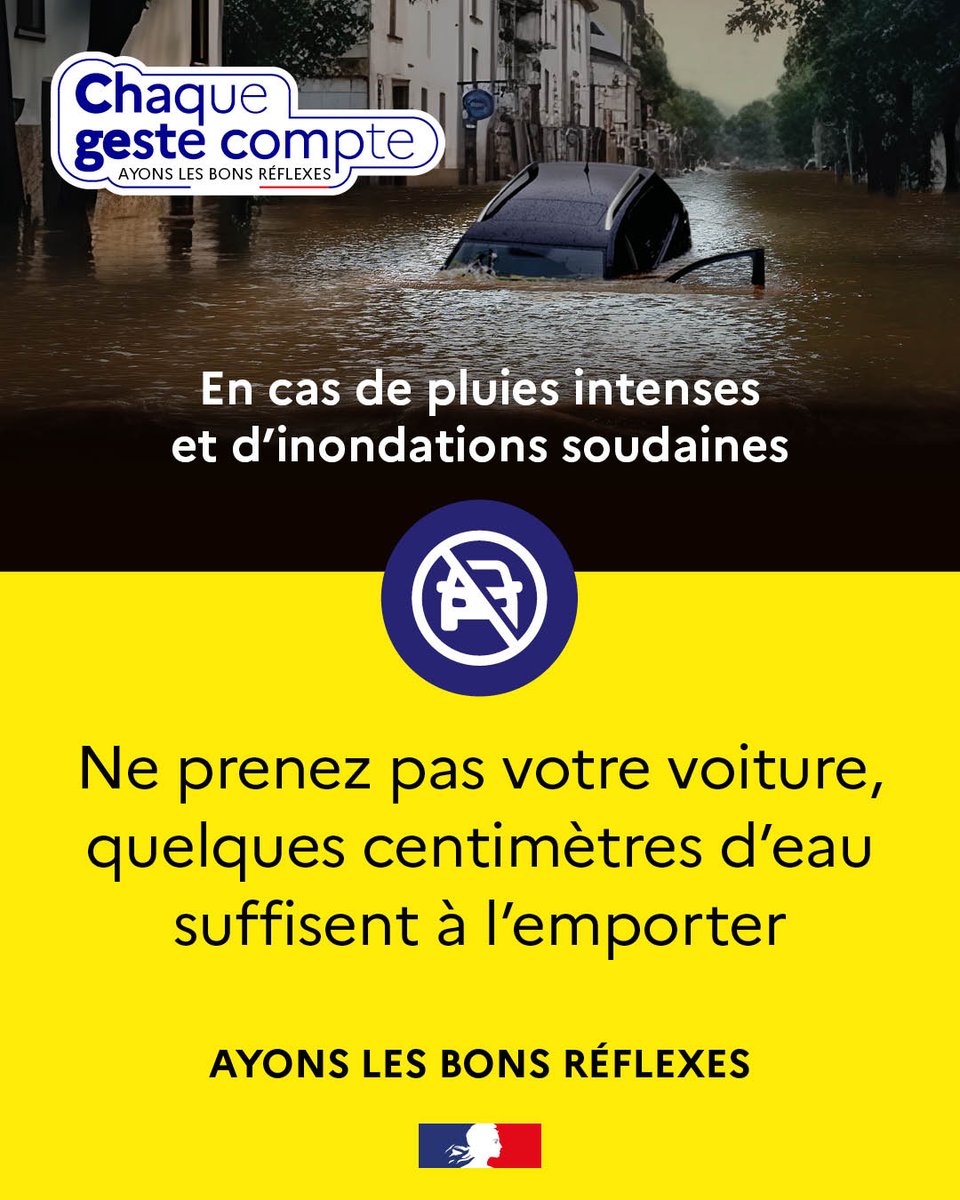 Image de Préfet de l'Aude - #PluieInondation l  Dès 30 centimètres d'eau, une voiture peut-être emportée. En cas de pluies inten