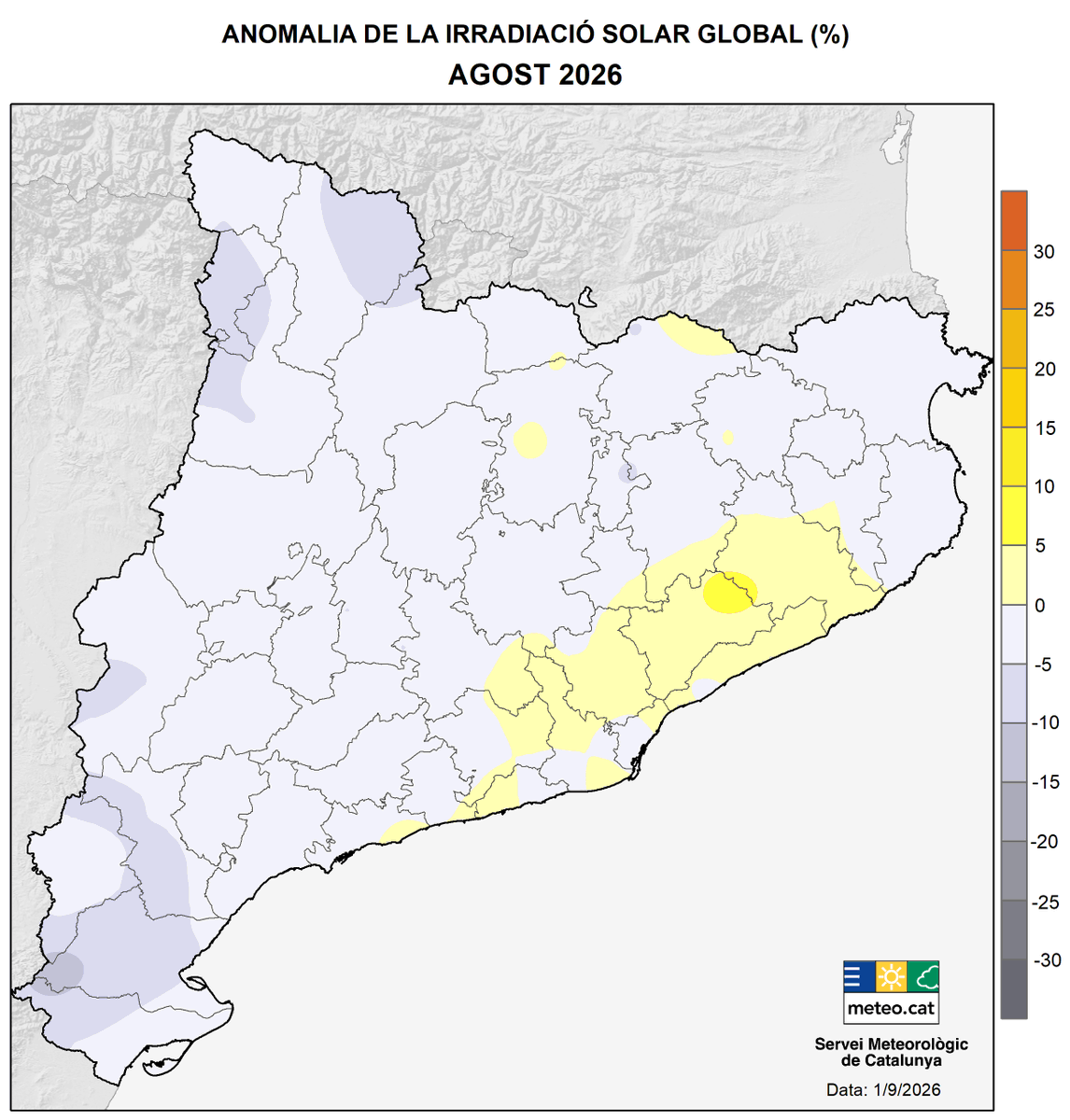 meteocat's tweet photo. 📝A punt la versió ampliada del Butlletí d’agost 2026:

🌧️Precipitació irregular: molt plujós a la Costa Daurada i molt sec als deltes del Llobregat i l'Ebre.
🌡 Molt càlid o càlid arreu.
🌞En general, radiació solar lleugerament per sota de la normal.

👉https://t.co/8SZx3XV26O https://t.co/pjC7jKTaBI