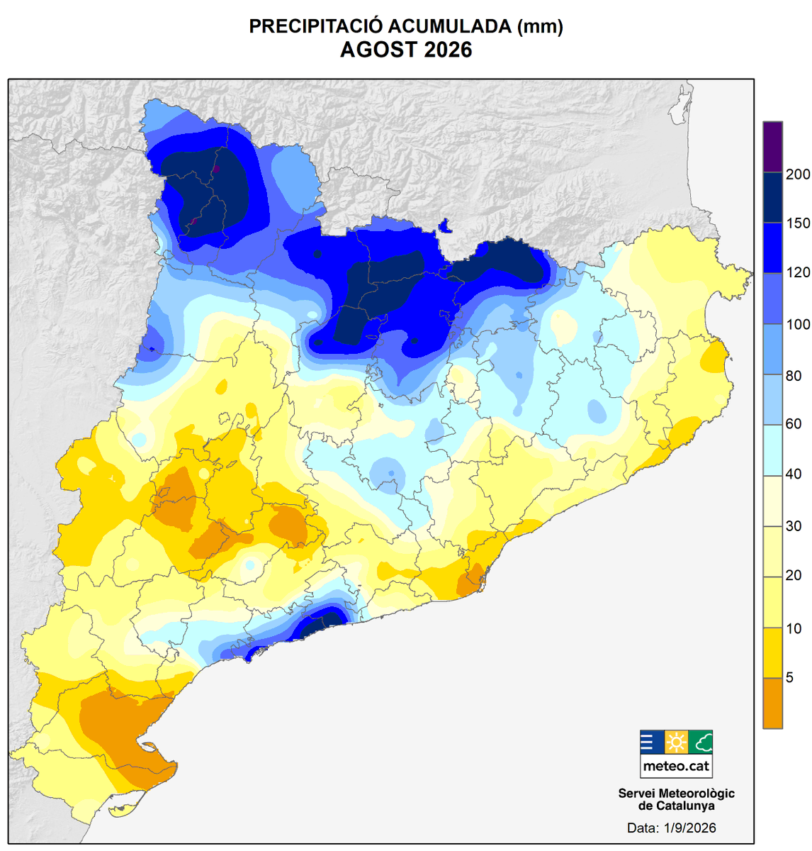 meteocat's tweet photo. 📝A punt la versió ampliada del Butlletí d’agost 2026:

🌧️Precipitació irregular: molt plujós a la Costa Daurada i molt sec als deltes del Llobregat i l'Ebre.
🌡 Molt càlid o càlid arreu.
🌞En general, radiació solar lleugerament per sota de la normal.

👉https://t.co/8SZx3XV26O https://t.co/pjC7jKTaBI