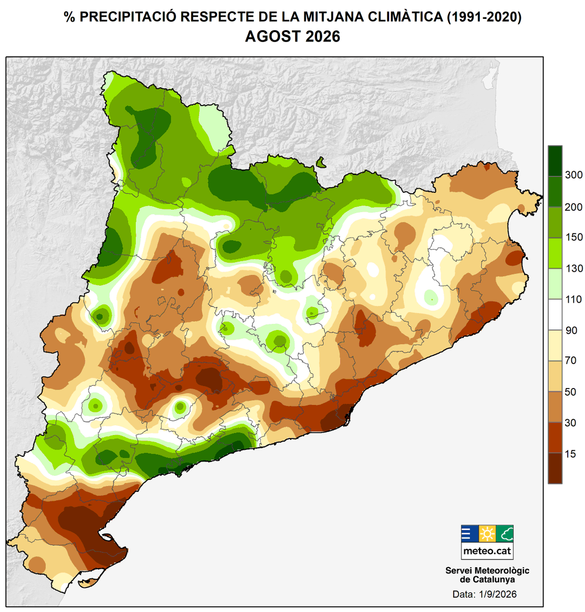 meteocat's tweet photo. 📝A punt la versió ampliada del Butlletí d’agost 2026:

🌧️Precipitació irregular: molt plujós a la Costa Daurada i molt sec als deltes del Llobregat i l'Ebre.
🌡 Molt càlid o càlid arreu.
🌞En general, radiació solar lleugerament per sota de la normal.

👉https://t.co/8SZx3XV26O https://t.co/pjC7jKTaBI