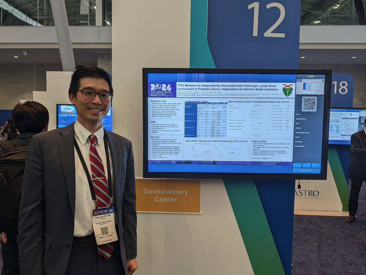 YaleCancer's tweet photo. Using the Cancer Genome Atlas, @VictorLeeYSM shares that patients with #prostatecancer with TP53 mutations had higher pathologic lymph node involvement (31.8% vs. 13.3%). Noting that incorporating TP53 mutational status into risk stratification models could improve patient selection for elective nodal irradiation. #ASTRO26 @ASTRO_org @YaleRadOnc @OncoAlert @SmilowCancer