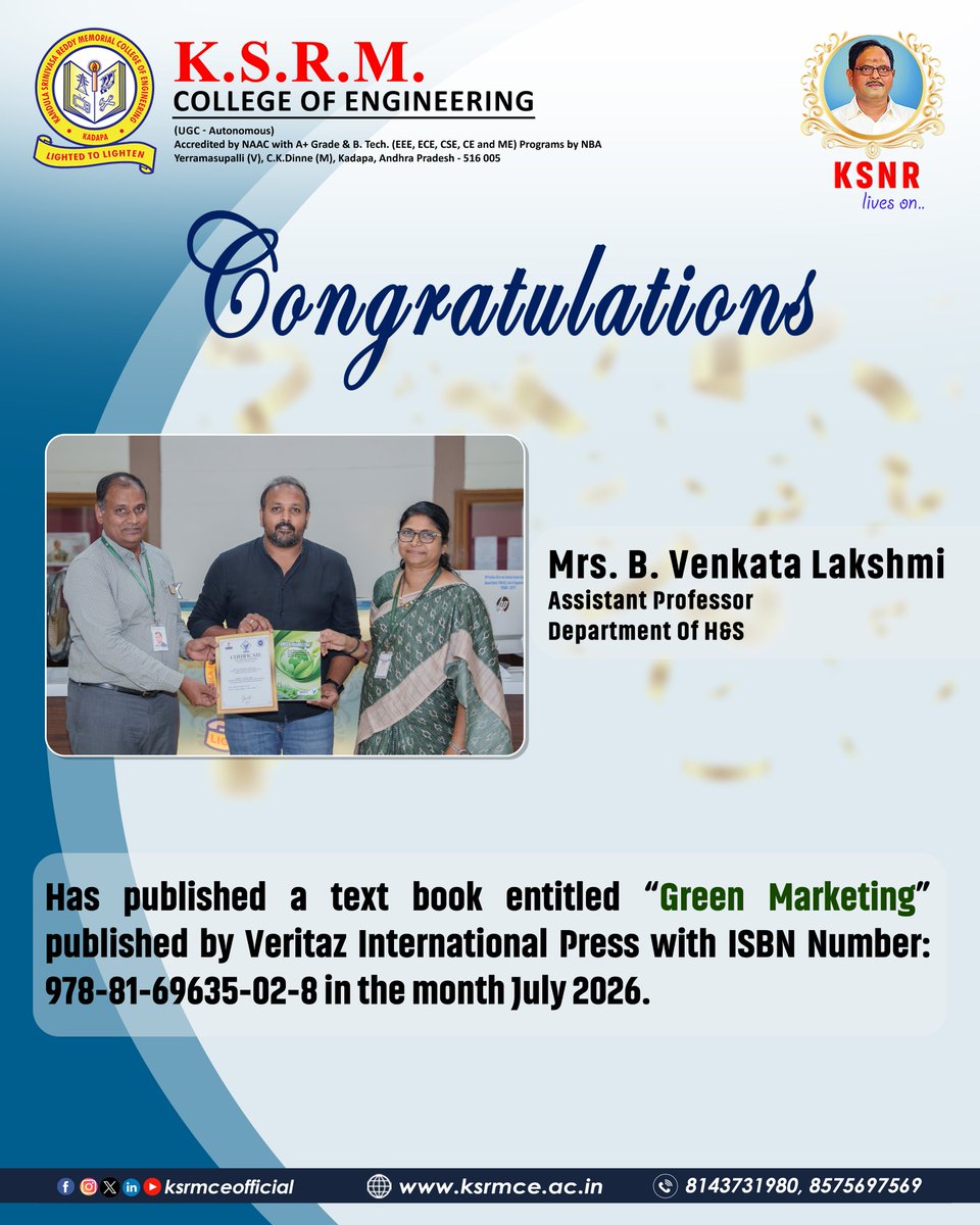 ksrmceofficial's tweet photo. Congratulations !!
#KSRMCE #BookPublication #GreenMarketing #TextbookPublication #ResearchAndPublication #FacultyAchievement #HigherEducation #EngineeringEducation #HSEducation #FacultyExcellence #ProfessionalAchievement #Congratulations https://t.co/q6g5K8RTnG