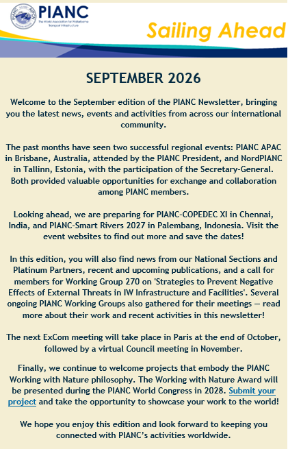 PIANC1's tweet photo. The PIANC September edition of the e-newsletter 'Sailing Ahead' gives you an overview of the main highlights of PIANC's activities this past month!  👉 Download your free copy at https://t.co/kmtdcWAQri.

#pianc #newsletter https://t.co/yTqk8DChRS