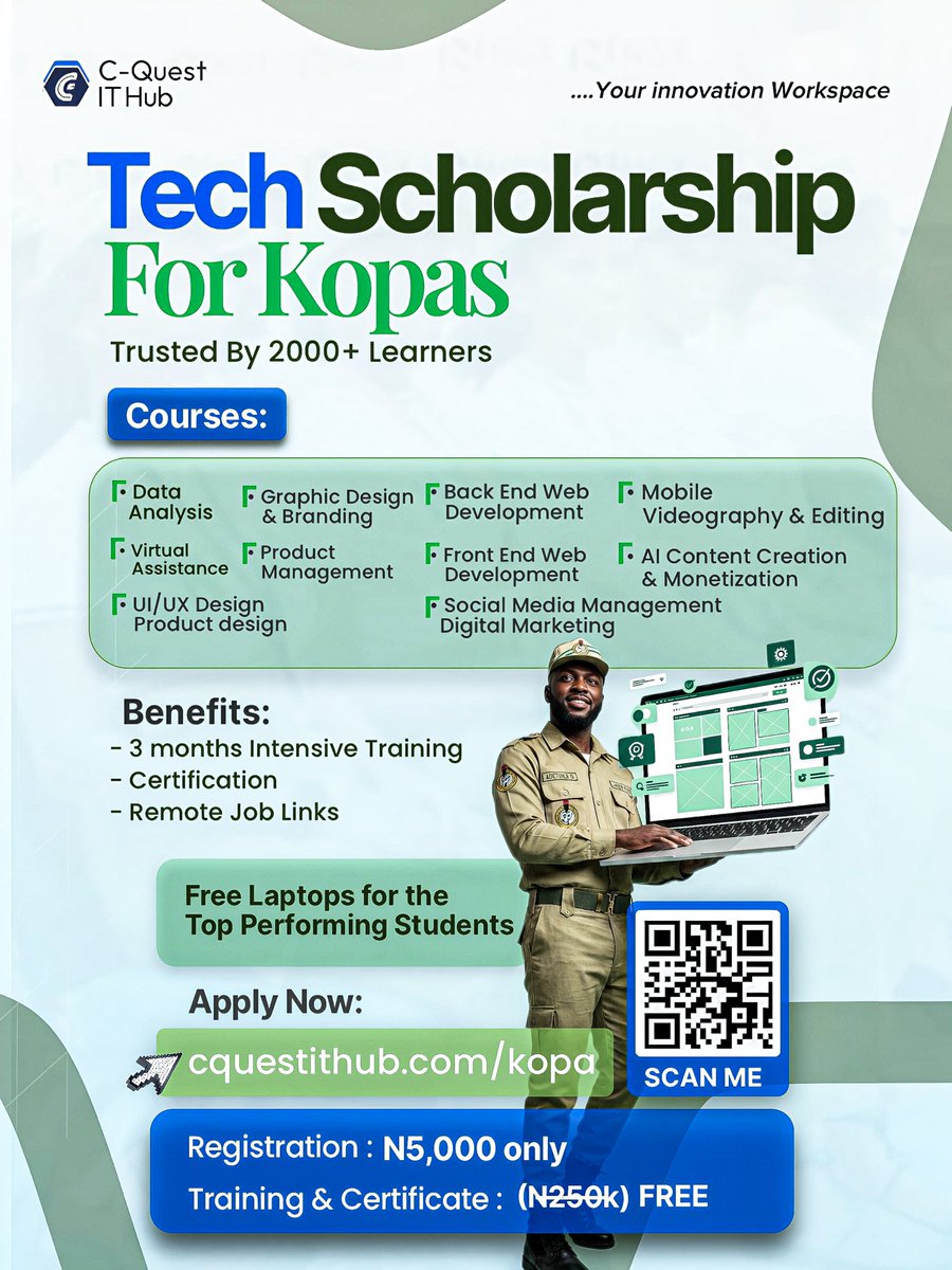 cquestithub's tweet photo. NYSC CORP MEMBERS, YOUR SERVICE YEAR CAN DO MORE.
Get up to ₦250K tuition sponsorship, laptops for top students, internship opportunities + certification.
2-month online training with flexible evening classes.
Registration: ₦5K
Deadline: Oct. 2
Register: https://t.co/tN76pWV9IF https://t.co/Pxv1WOQYTE