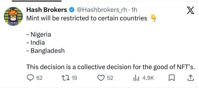 The image shows a tweet from @Hashbrokers_rh stating "Mint will be restricted to certain countries 👇 - Nigeria - India - Bangladesh. This decision is a collective decision for the good of NFT's," which the accompanying reaction criticizes as a baffling and questionable exclusion of three specific countries from NFT minting access.