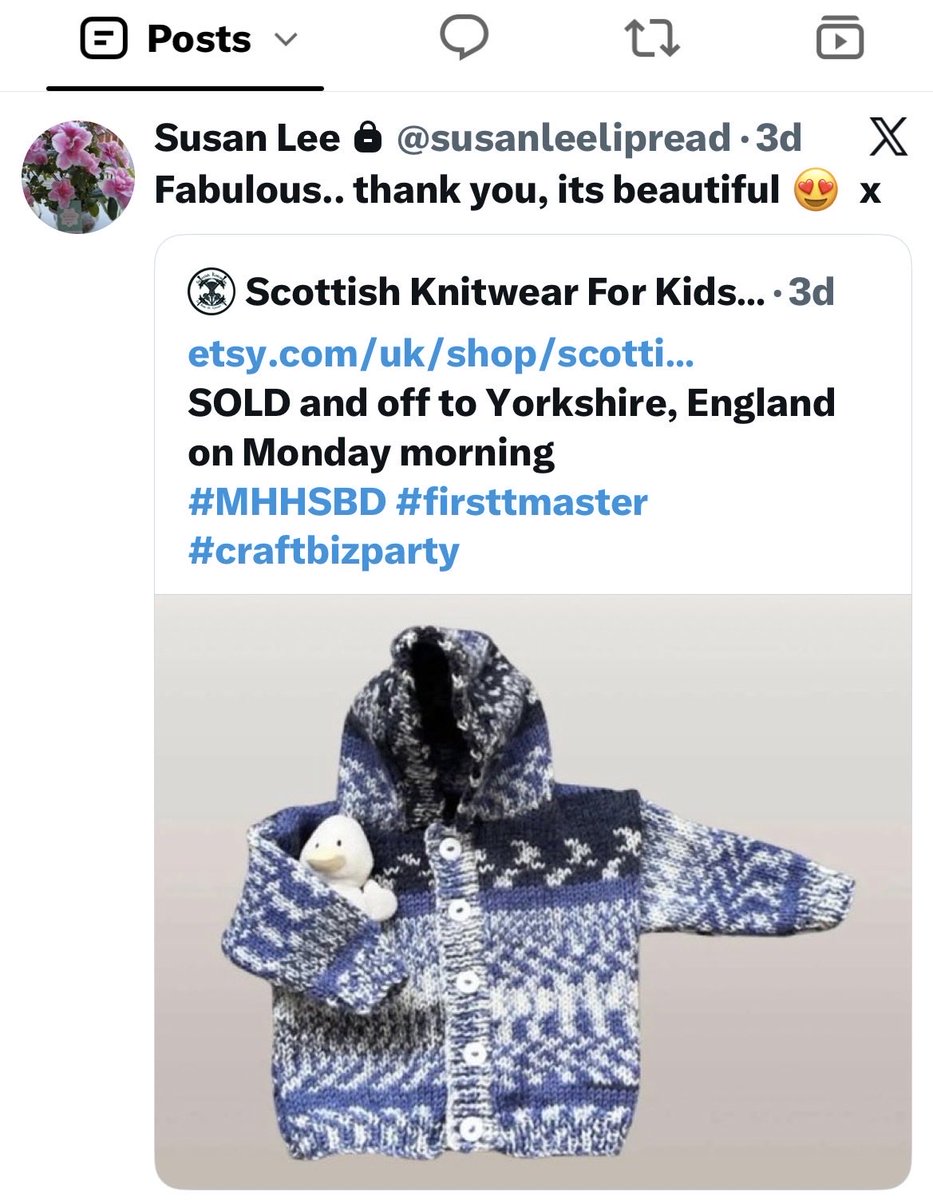 ScotKnitter's tweet photo. https://t.co/bX021uNjtz
The buyer of this little jacket that was purchased from Etsy left a review this morning on X 
#MHHSBD #firsttmaster #craftbizparty https://t.co/GJFdrmMJnl