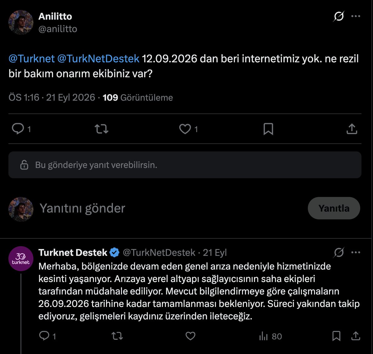 anilitto's tweet photo. @TurkNetDestek Destek değil köstek!12 Eylül'den beri internet yok.Twit'te "26 Eylül'de çözülecek"dediniz, BTK şikayetine "20 iş günü daha bekleyin" yüzsüzlüğüyle yanıt verdiniz.2026 yılında bir kabloyu bağlamaktan acizsiniz.Faturayı kesmeyi biliyorsunuz ama hizmet sıfır! @TurkNet https://t.co/F7lP9DAlik