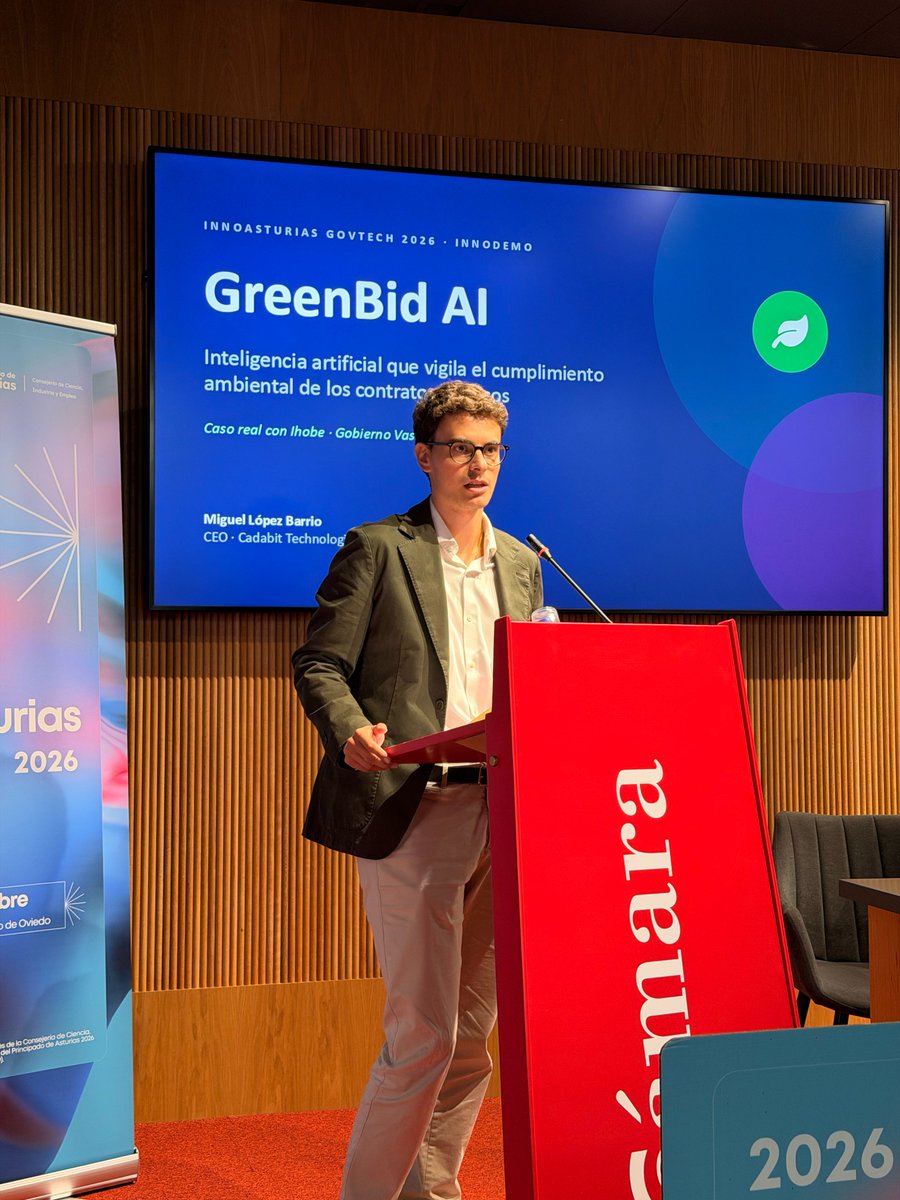 novagob's tweet photo. 🌿 Demo en vivo en InnoDemo de #InnoAsturias GovTech 2026: GreenBid AI.

Cómo la IA puede vigilar el cumplimiento ambiental en los contratos públicos 👇

✨ Miguel López — Cadabit

#GovTech https://t.co/TdEsuBhPIV