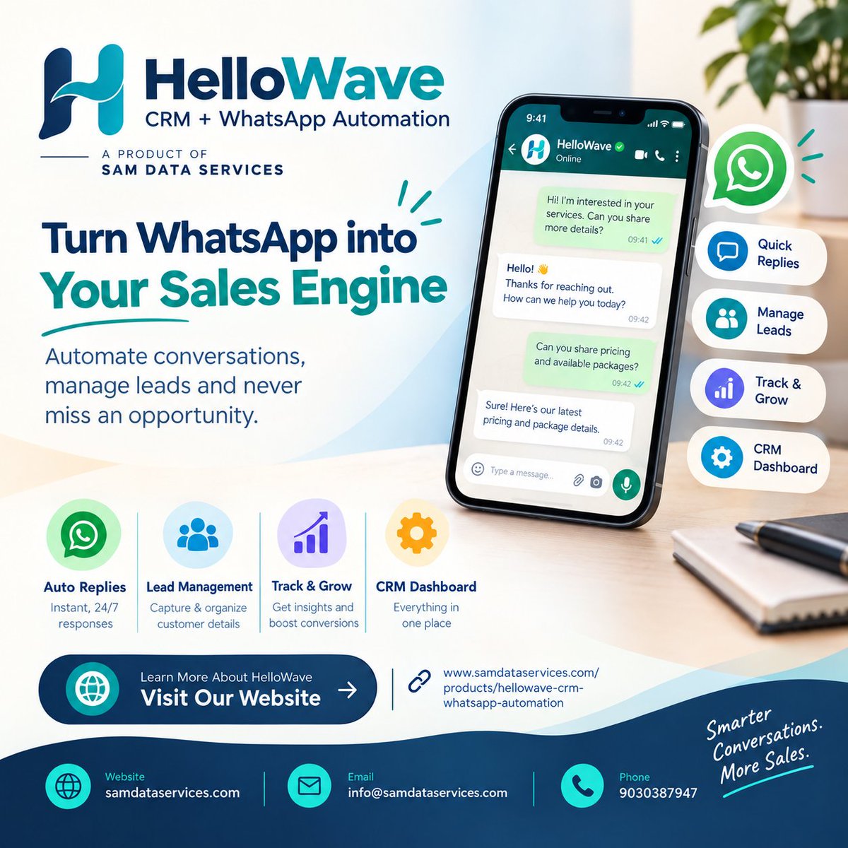 SamDataServices's tweet photo. Turn WhatsApp into a smarter sales channel. HelloWave helps automate replies, manage leads, track growth and organise customer conversations with one CRM dashboard.

📞 9030387947

#WhatsAppAutomation #CRM #LeadManagement #SalesAutomation #SamDataServices https://t.co/1vGvOkcR4E