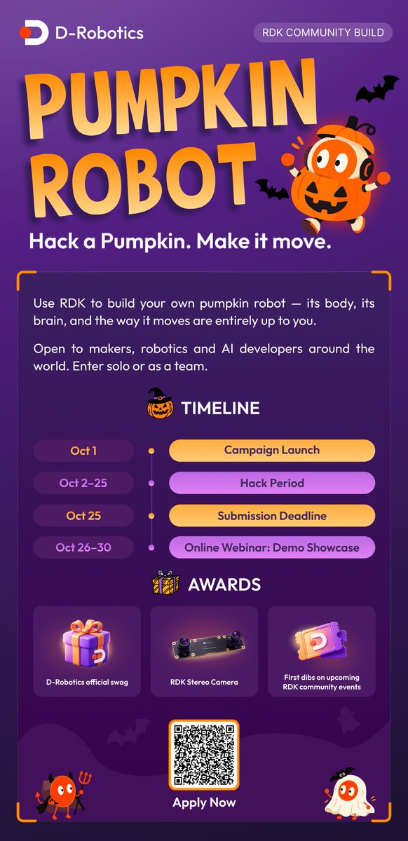 DRoboticsDev's tweet photo. 🎃 Hack a Pumpkin. Make it move.
We’re launching Pumpkin Robot campaign — an open robotics project for makers and developers to turn an ordinary pumpkin into a moving, thinking, or otherwise unexpected robot.
🤖 Build it with RDK X5. Make it weird. Make it yours.
🔗 Details & guidelines: https://t.co/d3ROaIIM7z
📱 Scan the QR code on the poster to sign up.
Let’s see what these pumpkins can do. 🎃🤖
#DRobotics #PumpkinRobot #Robotics #Halloween