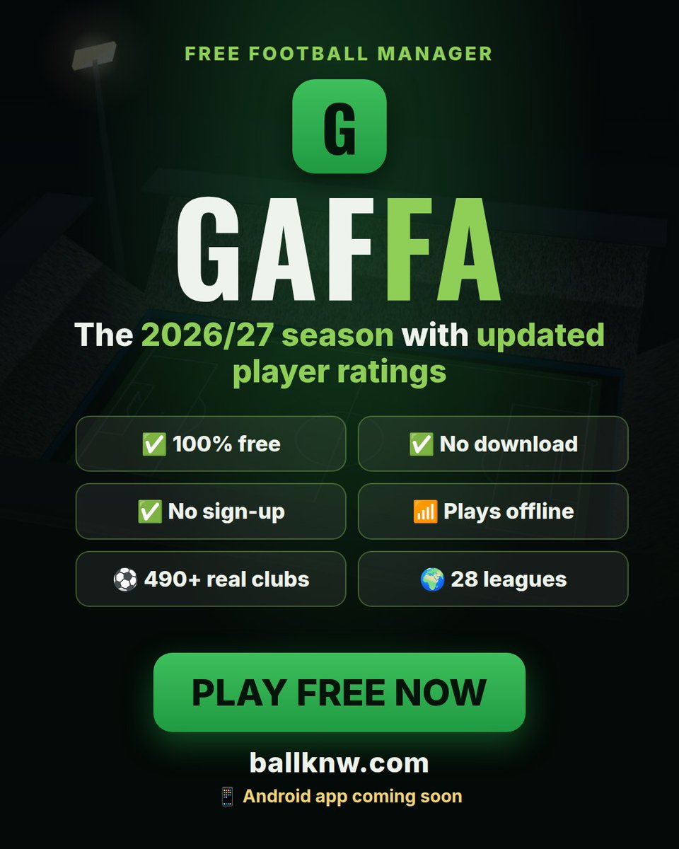 GodspeedSardius's tweet photo. @primevideosport
β½οΈ YOUR NEW FAVOURITE FOOTBALL MANAGER GAME IS HERE!
Build your squad with 2026/27 players & updated ratings π
No download
No sign-up
Play instantly in your browser
Play Gaffa FREE now!
https://t.co/jZ8TjzccfH
#FootballManager #Football #FM27 #Gaffa #ad https://t.co/AuL7i8X2j0