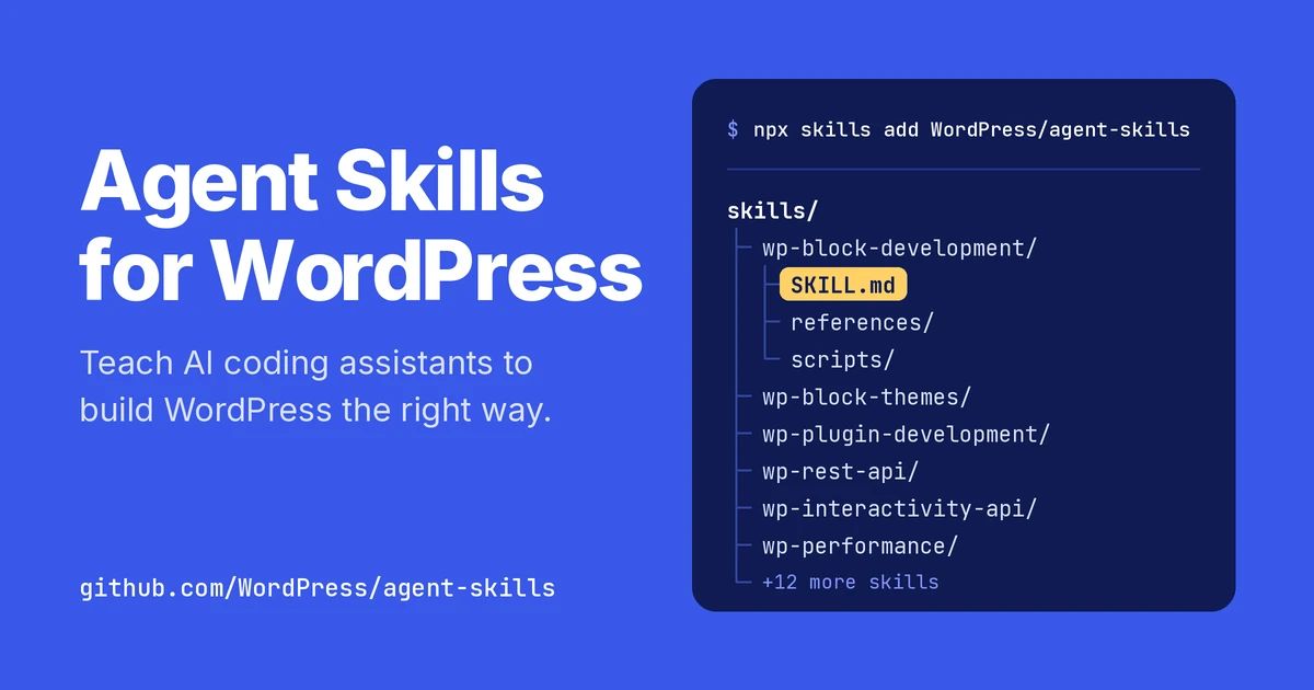 weplugins's tweet photo. WordPress development is changing with AI coding agents.

WordPress now has an official collection of Agent Skills covering plugins, blocks, APIs, Playground and more.

Here’s what WordPress developers should know :

https://t.co/57oEhX4Ykb

#WordPress #AI #WordPressDevelopment https://t.co/lHgMWEhZYP