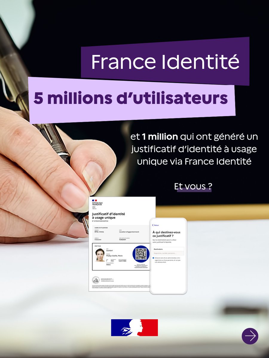 france_identite's tweet photo. 5 millions d'utilisateurs, c'est aussi plus d'1 million de justificatifs d'identité à usage unique générés via France Identité. 📄

🪪Plus besoin de photocopier sa carte d'identité.

👉 https://t.co/Z23VL8x1gH

#IdentitéNumérique #ProtectionDesDonnées #ServicePublic https://t.co/DE6NDYlzXe