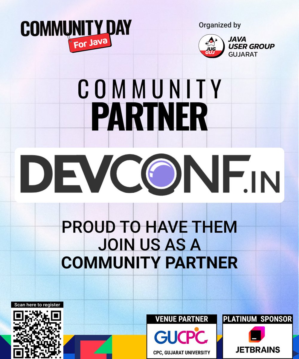 cd4java's tweet photo. 🤝 Community Partner Announcement!

We’re excited to welcome @DevconfIn  as a Community Partner for Community Day for Java 2026! 🎉

📅 24 October 2026 
📍 CPC, Gujarat University, Ahmedabad
🎟️ https://t.co/YRB4RwcwH8

#java #cd4j2026 #communitydayforjava https://t.co/qoL9MJsffT