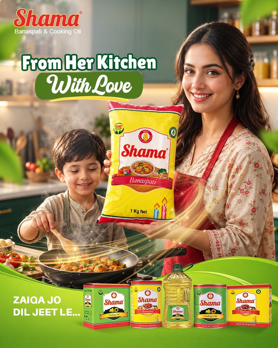 ShamaOil's tweet photo. From her kitchen, with love. ❤️🍲
Shama Banaspati &amp; Cooking Oil brings taste, tradition, and family moments together in every meal.
Zaiqa Jo Dil Jeet Le.
#Shama #ShamaCookingOil #ShamaBanaspati #HomeCooking https://t.co/X8kpU5UVP3