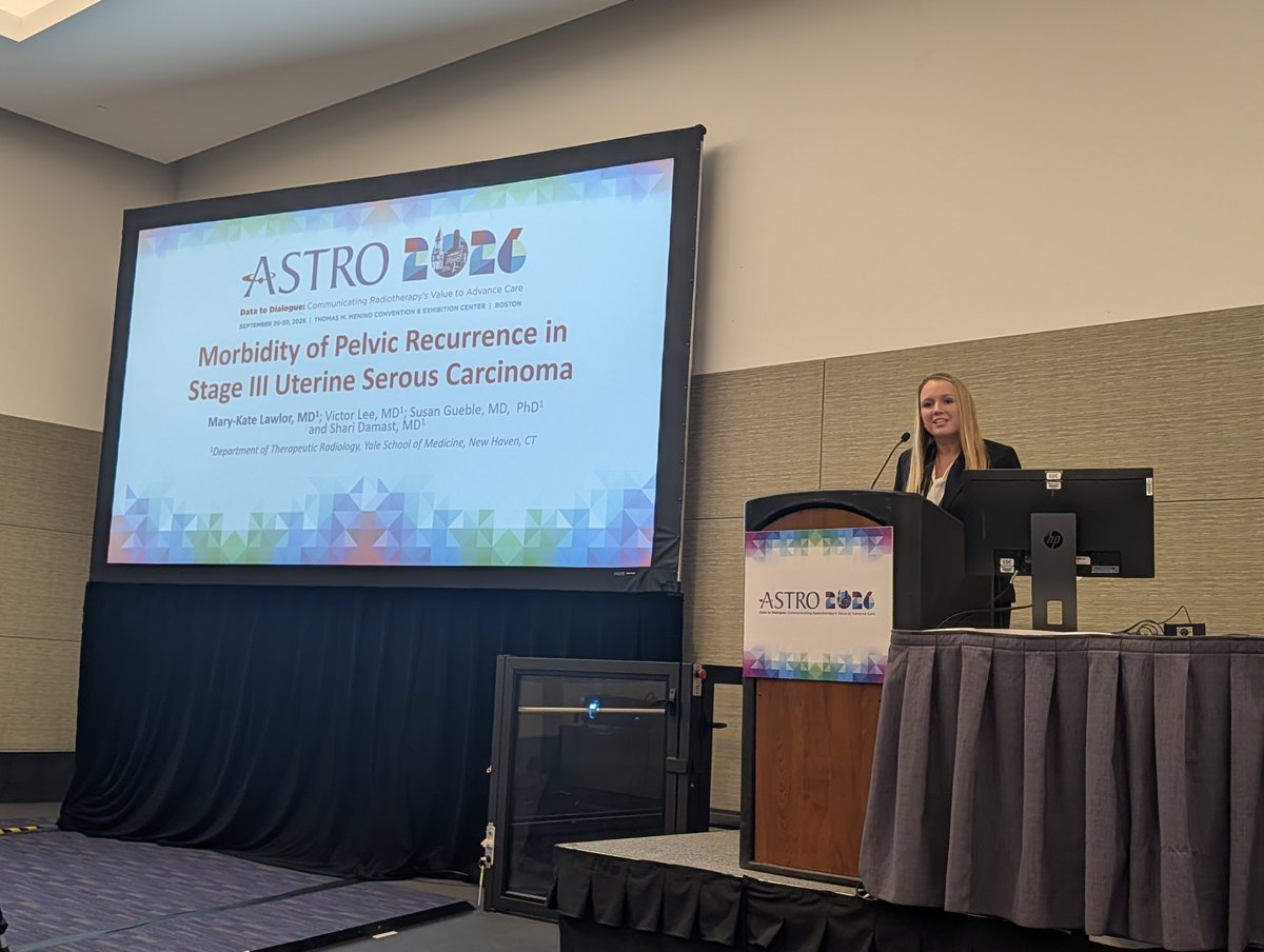 YaleCancer's tweet photo. .@MaryKateLawlor presents new data #ASTRO26 showing in 81 patients with stage III uterine serous carcinoma, external beam radiotherapy (EBRT) significantly improved pelvic control and overall survival versus vaginal brachytherapy alone (4-year OS 87% vs. 55%) without increased toxicity, supporting routine EBRT consideration for these patients. @YaleRadOnc @ASTRO_org @SmilowCancer @OncoAlert