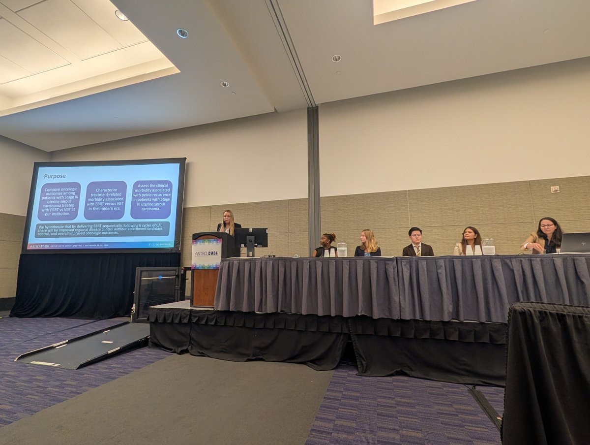 YaleCancer's tweet photo. .@MaryKateLawlor presents new data #ASTRO26 showing in 81 patients with stage III uterine serous carcinoma, external beam radiotherapy (EBRT) significantly improved pelvic control and overall survival versus vaginal brachytherapy alone (4-year OS 87% vs. 55%) without increased toxicity, supporting routine EBRT consideration for these patients. @YaleRadOnc @ASTRO_org @SmilowCancer @OncoAlert