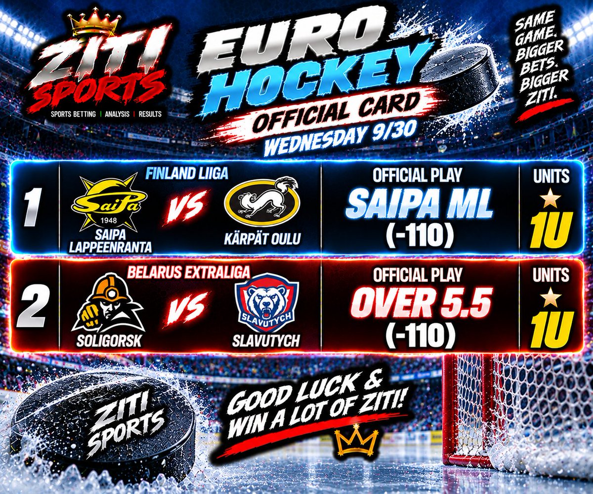 SportsZiti's tweet photo. 🏒🔥 WEDNESDAY EURO HOCKEY ZITI! 🔥🏒
2 PLAYS • 2U ON THE ICE 🧊💰
Small card. LET’S CASH &amp; WIN A LOT OF ZITI! 🤌🍝
#EuroHockey #HockeyPicks #HockeyBetting #SportsBetting #BettingTwitter #ZitiSports #WinZiti https://t.co/w1xr0axOsR