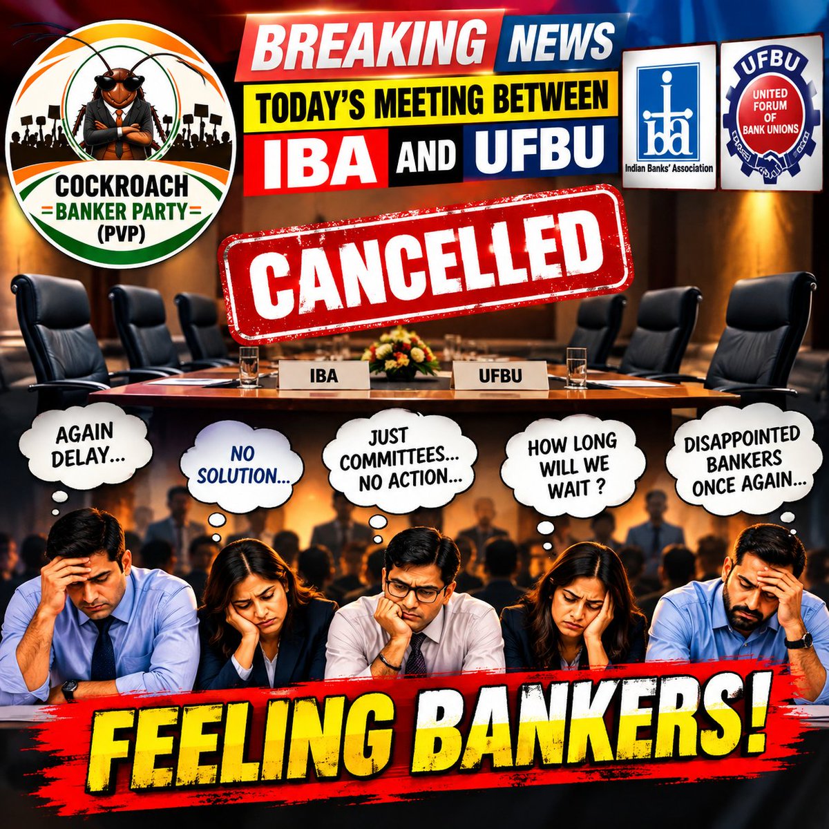 CockroachBank's tweet photo. 🚨 BREAKING NEWS:
Today’s IBA–UFBU meeting CANCELLED!

JOIN WhatsApp Channel 🖐️ 
https://t.co/pROLiMwSIx

#ResignCHV 
#ResignRUPAM
#UFBUShudhikaran
#UFBU #5daysbanking 
@idesibanda
@UFBUIndia
@TheBankersVoice https://t.co/LllJR5HlJY