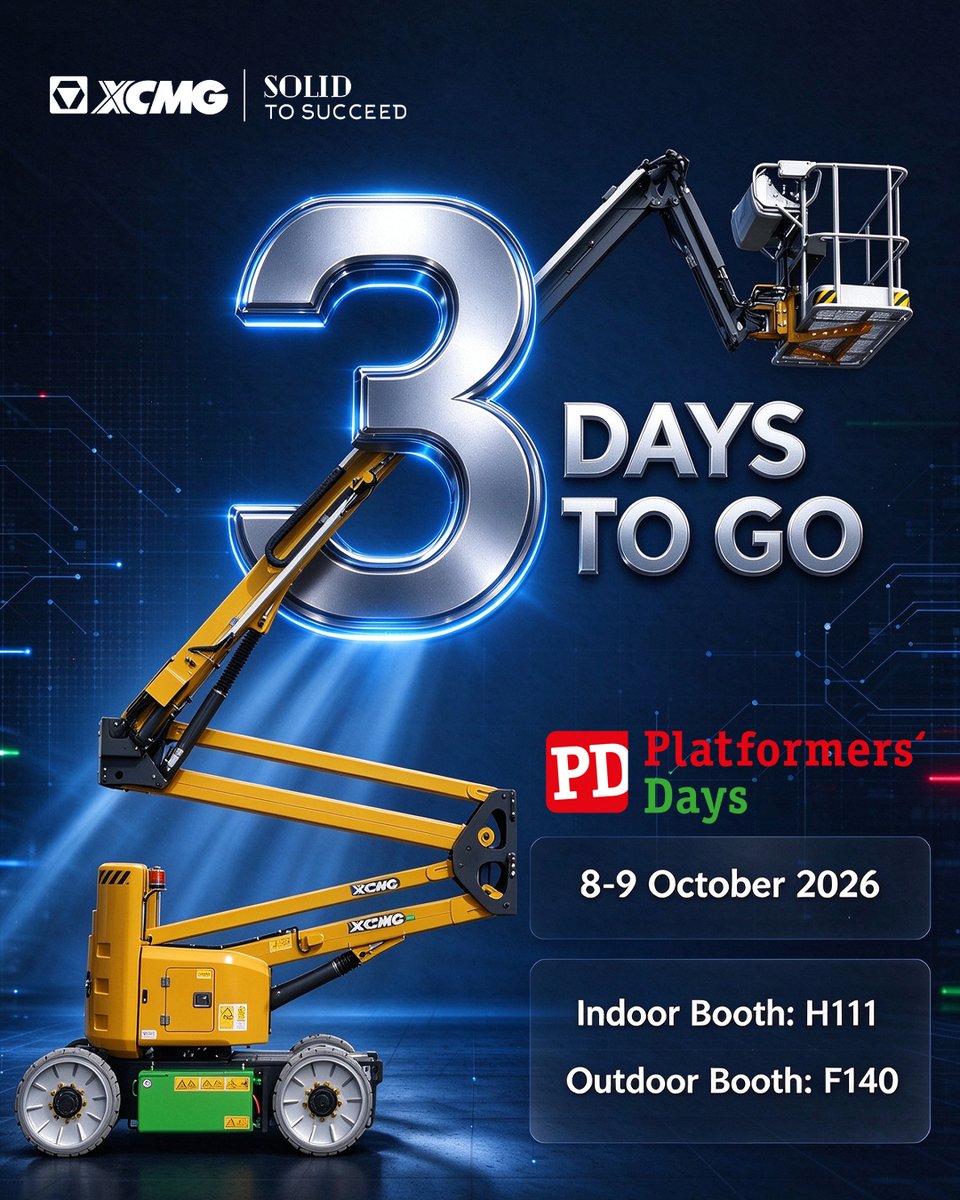 XCMGMEWP's tweet photo. 3 days to go!🚀
The XCMG team is ready to meet you at Platformers' Days 2026.
Let’s talk about smarter, safer and more efficient aerial work solutions.💪
#XCMG
#SolidtoSucceed
#XCMGProduct
#XCMGMEWP
#PlatformersDays
#Germany https://t.co/qvyhHHorXG