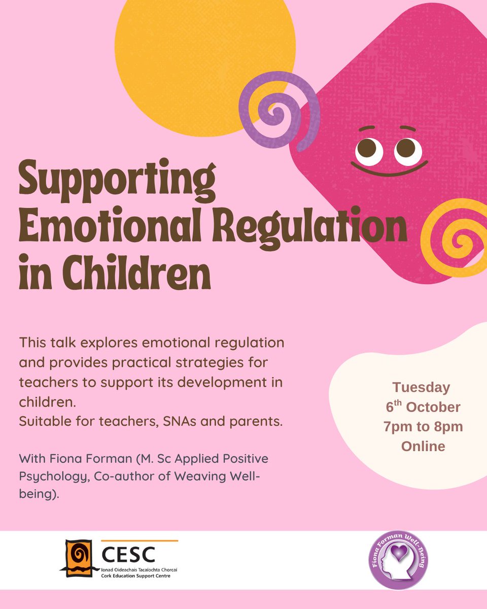 cork_cesc's tweet photo. Online talk for teachers, SNAs and parents: 
Supporting Emotional Regulation in Children with Fiona Forman.

A practical 4-step approach for primary and post-primary classrooms.

Tuesday 6th Oct, 7pm-8pm. 

Book here: https://t.co/x7hNpXVYID https://t.co/XwgkWqvP4H