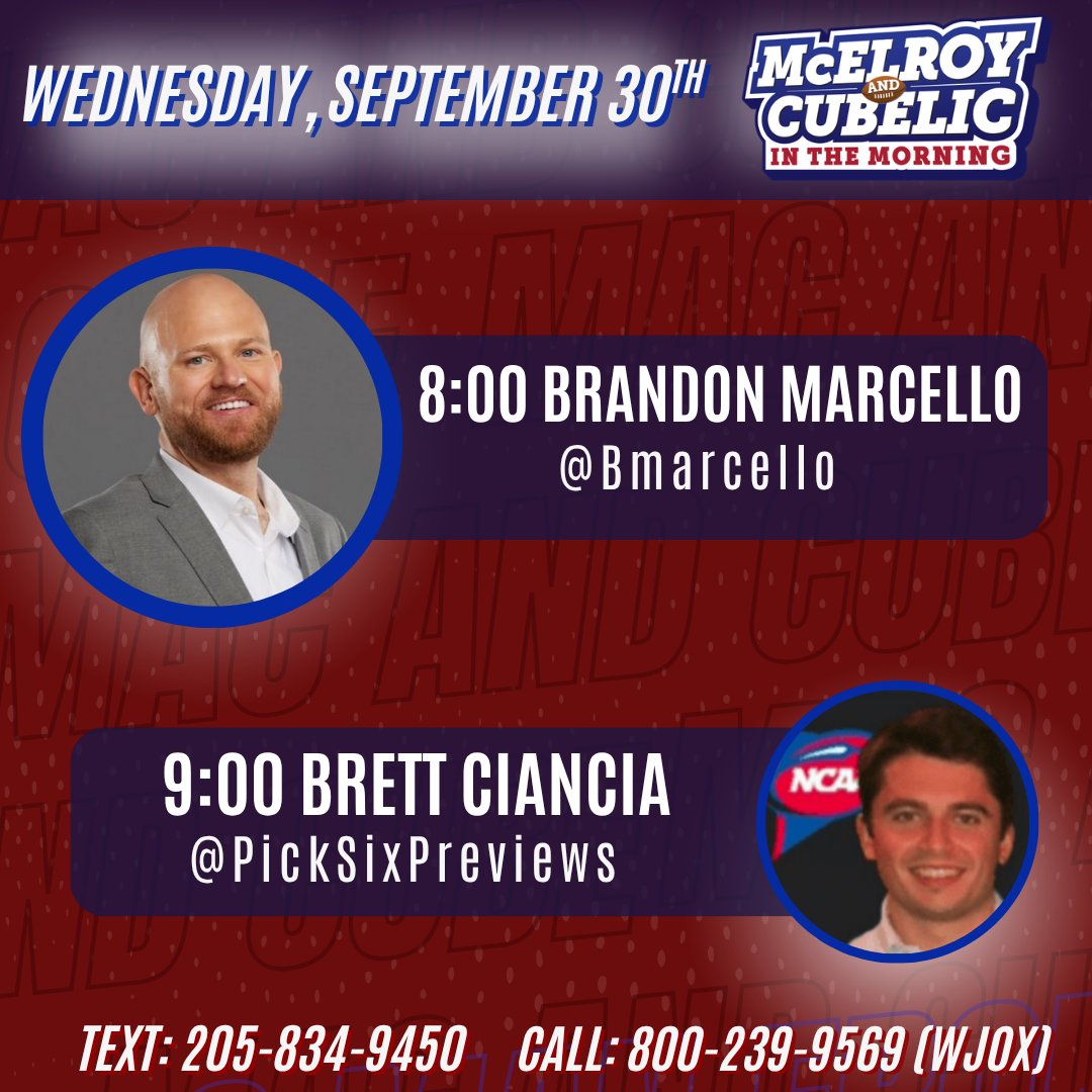 macandcube's tweet photo. Wednesday #MacandCube

8:00 @bmarcello 
9:00 Brett Ciancia (@PickSixPreviews) 

@WJOX945 
https://t.co/agNgyjlPcB
@YouTube (Jox945) https://t.co/TXzUHdAi5E