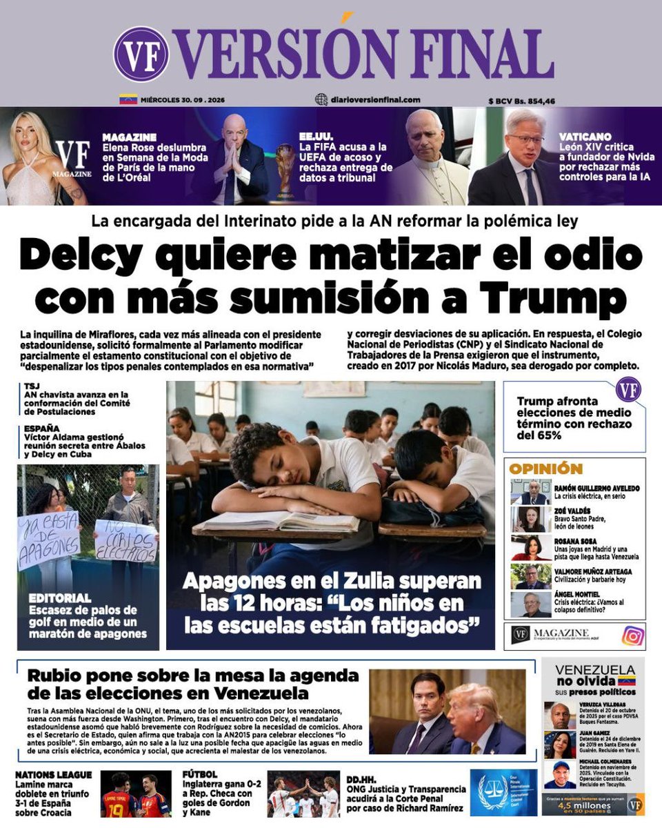 VersionFinal's tweet photo. #30Sep | Portada del día 🗞️

Para más información, léelo en VF 📲 https://t.co/BziKlzLsEH

#Maracaibo #Zulia #Venezuela #Noticias https://t.co/XbLwYIPE1v