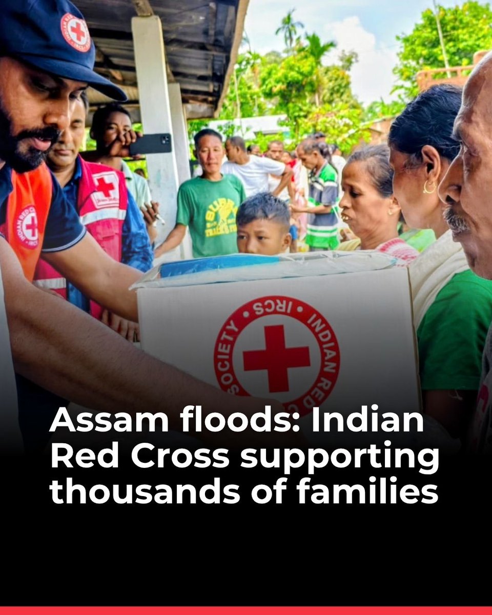ifrc's tweet photo. When floods swept through Assam, India, thousands of families saw their homes and belongings damaged by rising waters.

With support from the @IFRC_DREF, the Indian Red Cross Society is helping families restore a sense of safety and stability. So far, 9,500 households across Jorhat, Sivasagar and Charaideo have received tarpaulins for temporary shelter, kitchen sets and mosquito nets.