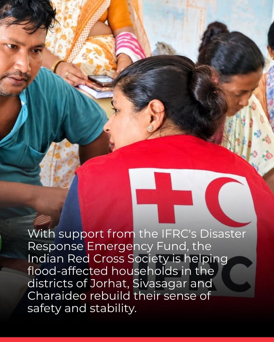 ifrc's tweet photo. When floods swept through Assam, India, thousands of families saw their homes and belongings damaged by rising waters.

With support from the @IFRC_DREF, the Indian Red Cross Society is helping families restore a sense of safety and stability. So far, 9,500 households across Jorhat, Sivasagar and Charaideo have received tarpaulins for temporary shelter, kitchen sets and mosquito nets.