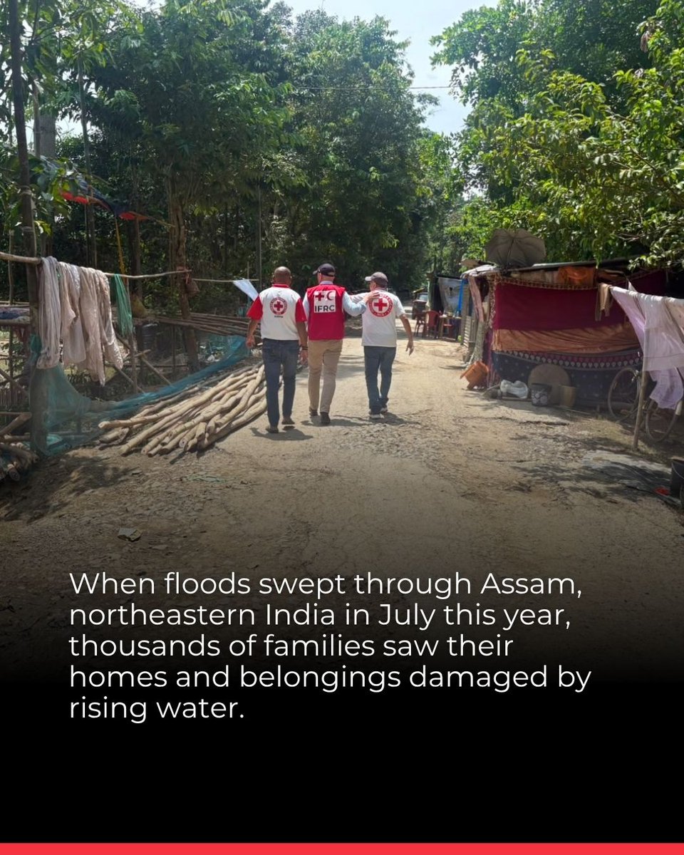 ifrc's tweet photo. When floods swept through Assam, India, thousands of families saw their homes and belongings damaged by rising waters.

With support from the @IFRC_DREF, the Indian Red Cross Society is helping families restore a sense of safety and stability. So far, 9,500 households across Jorhat, Sivasagar and Charaideo have received tarpaulins for temporary shelter, kitchen sets and mosquito nets.