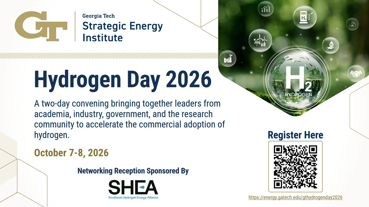 GaTechEnergy's tweet photo. Register now for Georgia Tech Hydrogen Day!
Join industry, government, and academic leaders on Oct. 7-8 to discuss the future of hydrogen and opportunities to accelerate commercialization.
🔗 https://t.co/hCm5uluFCO
#HydrogenDay #HydrogenSymposium #CleanEnergy #GeorgiaTech https://t.co/bZ3qvJsSPe
