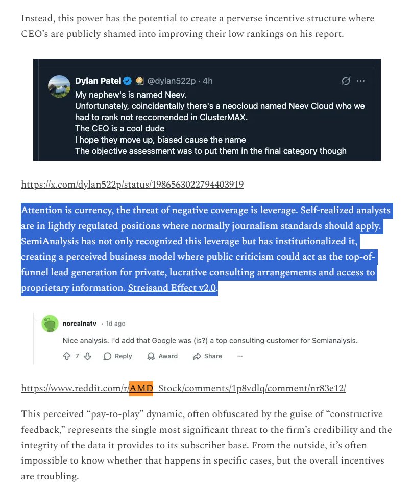 JKeynesAlpha's tweet photo. $CBRS SemiAnalysis seems to have a grudge against $CBRS. Most of what they say about Cerebras comes across as out of context, negative spin, biased sniping. Pretty consistent now. Makes me wonder whether Cerebras not buying their very expensive “research products” has something to do with it?

Cerebras’s Sarah Chieng had a pretty fitting response: “all this just to get us to pay for your newsletter.” Their very expensive “research products,” reduced to “your newsletter.”

An industry CEO has publicly alleged a “pay-to-play” dynamic. Hot Aisle CEO Jon Stevens argues that SemiAnalysis’s negative coverage is deliberately used to create demand for its consulting services.

The allegation: bash a company, put pressure on it to “fix” the narrative, then sell consulting to help fix it. Stevens points to AMD and acknowledges the payment connection is speculative.

SemiAnalysis openly sells research and consulting to the industry it covers. Then we get “massively cope-tweeting” jabs at Cerebras employees and negative spin dribbled out that leaves out context and sometimes seems to leave out the facts too. People should be asking who pays them and whether those relationships shape the coverage.

https://t.co/2kVfMqTjaZ
