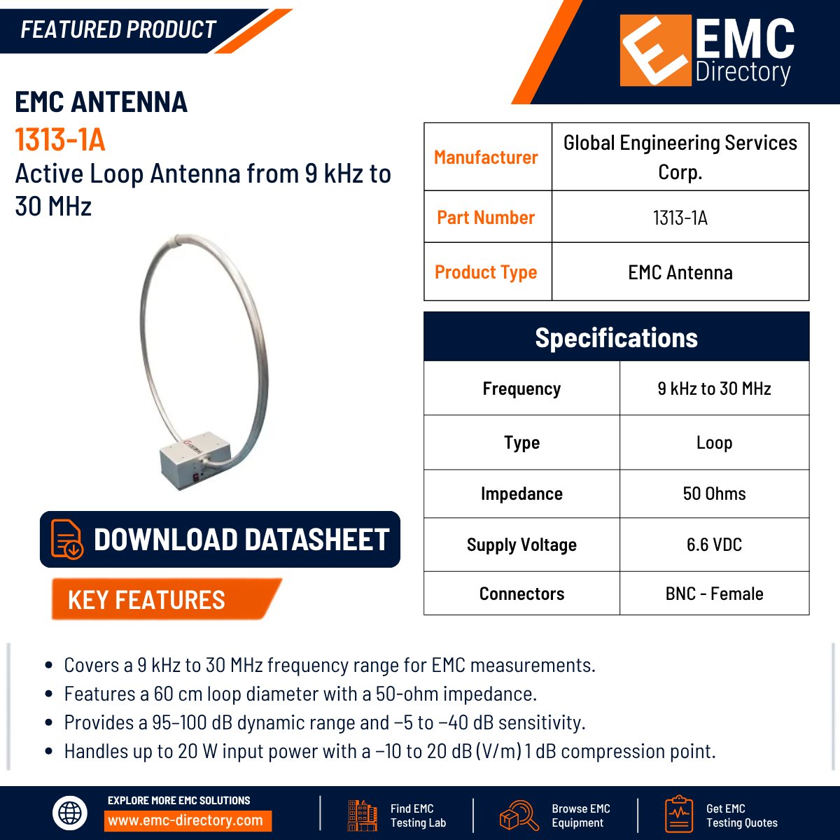 emcdirectory's tweet photo. The 1313-1A from Global Engineering Services is an active loop antenna designed for magnetic field measurements in the 9 kHz to 30 MHz range.
Read more: https://t.co/MZJq9Ajgcl
#ActiveLoopAntenna #EMC #EMITesting #MagneticField #PreCompliance #RFTesting #EMCAntenna https://t.co/3m0jj4qT6X