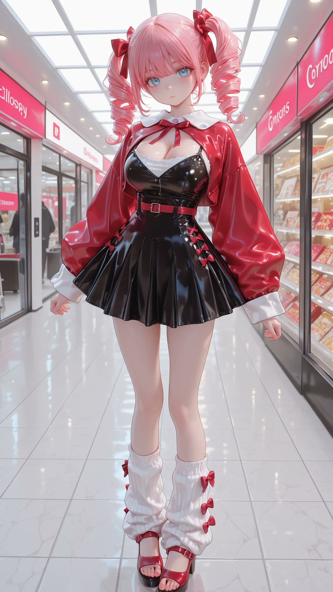 AliceLavli's tweet photo. リクエスト頂いた、赤いクロップドボレロを黒い光沢ミニワンピースに重ねたガーリーなコーデの衣装プロンプトをどうぞ✨
bright scarlet-red cropped hoodless shrug jacket, open front, short cape-like body ending above the waist, oversized long balloon sleeves with deep folds, wide ribbed cuffs, small red drawstrings tied at the neckline; glossy jet-black cropped camisole with a fitted smooth bodice and gently curved neckline; high-waisted glossy black mini skirt with a broad waistband, sharply defined pleats and a full flared silhouette; thick white rib-knit leg warmers scrunched around the lower legs, small scarlet-red ribbon bows near the cuffs; shiny scarlet-red Mary Jane shoes with rounded toes, low block heels and narrow instep straps; matching red ribbon bow accessory, fixed garment colors and silhouettes