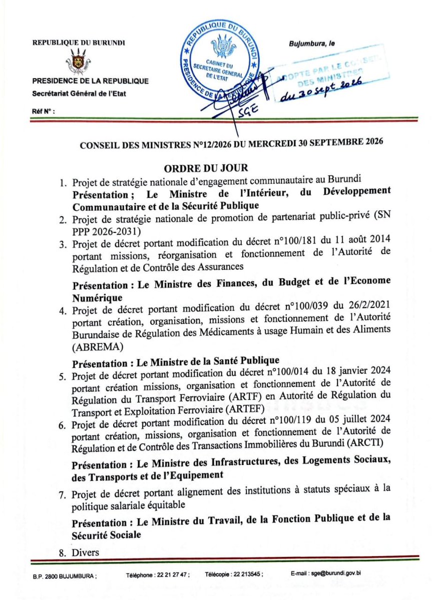 NtareHouse's tweet photo. Sous les auspices de Son Excellence @GeneralNeva, Chef de l'Etat Burundais, le Conseil des Ministres s'est réuni ce 30 septembre, au Palais @NtareHouse, pour analyser 8 points, parmi lesquels figurait "Le projet de décret portant alignement des institutions à statuts spéciaux à la politique salariale équitable".