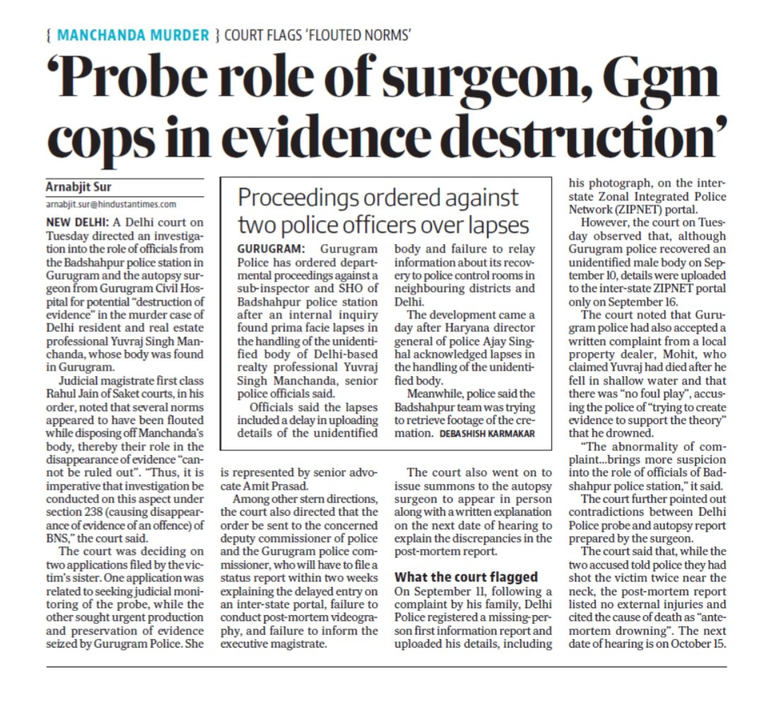 aarnobs's tweet photo. The twisted tale of a murder: A Delhi court orders investigation for destruction of evidence against Ggn cops and surgeon who conducted post mortem of real estate professional #YuvrajManchanda https://t.co/WByiy9BVLy
