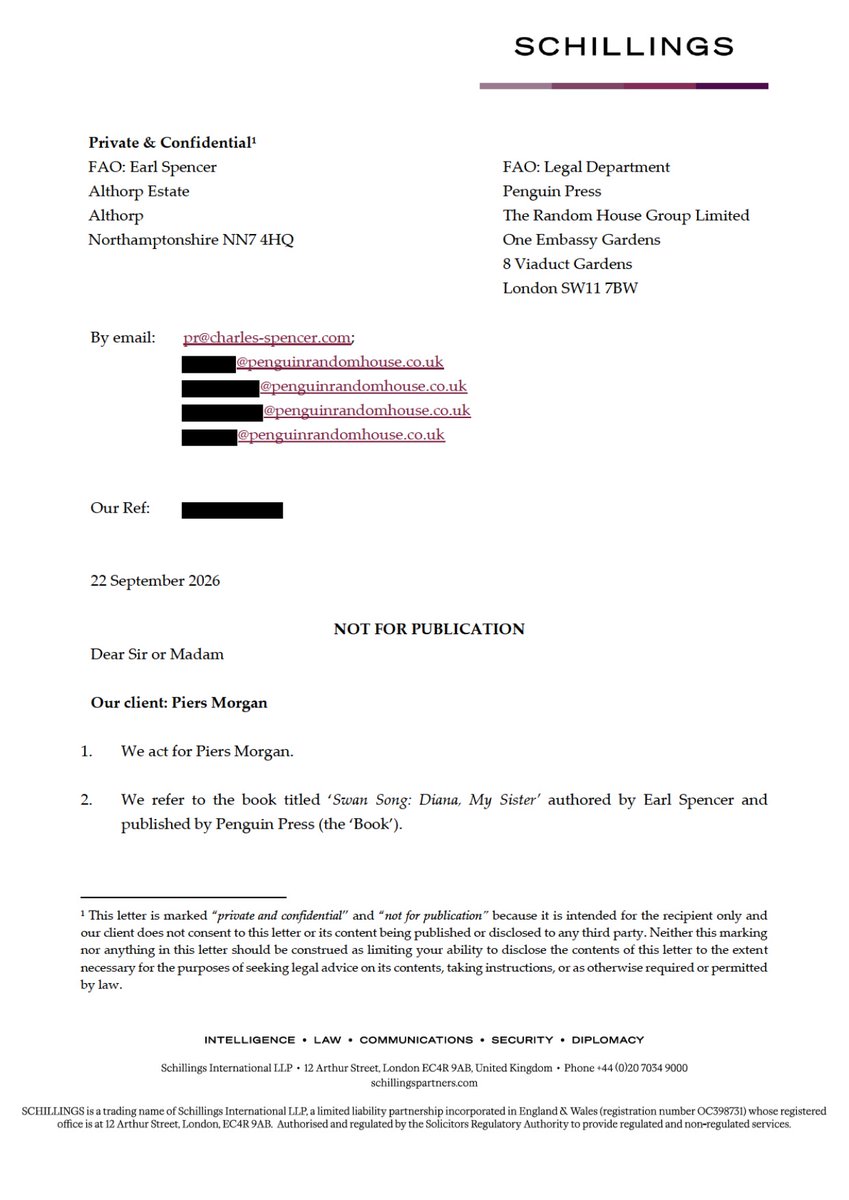 PiersUncensored's tweet photo. UPDATE FROM @piersmorgan: After Earl Spencer’s denial that I am taking legal action against him publishing defamatory lies about me in his book, here is the legal correspondence between me and lawyers for Penguin, publishers of Swan Song. https://t.co/WYmRc4S0i9