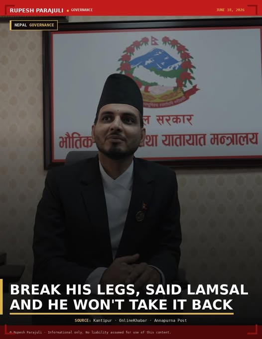 sabaqureshi457's tweet photo. Infrastructure Minister Sunil Lamsal was caught on video telling officials to “break the legs” of a delayed contractor.
This is the leadership #BalenShah has entrusted with a key ministry: threats instead of governance. #Nepal deserves better than ministers like this.
@deelipaaa https://t.co/6tBM0gS7d0