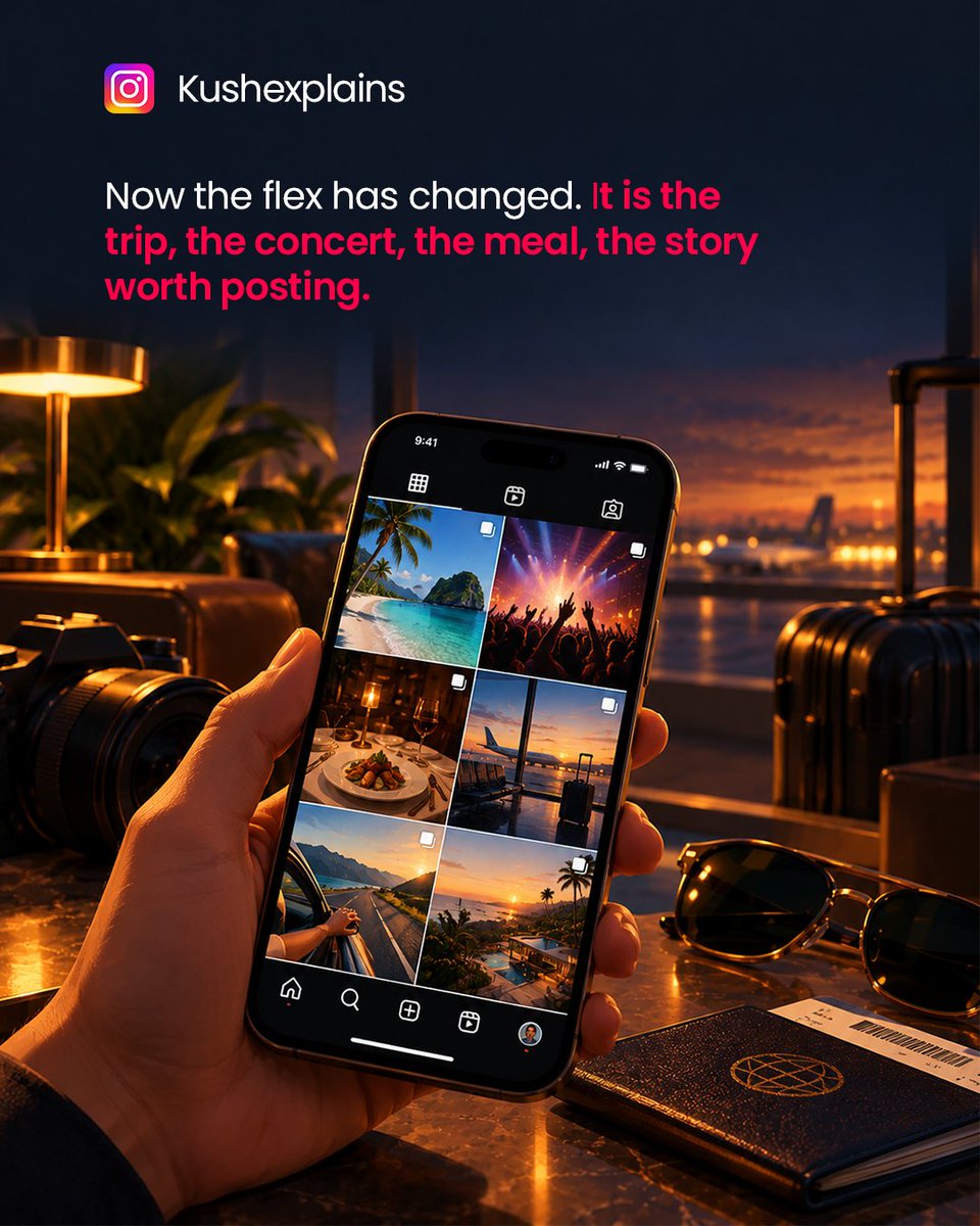 Kushexplains's tweet photo. The new flex isn't a car. It's a boarding pass. ✈️

For decades, success meant owning things. The car, the watch, the bigger house. Now the flex has changed. It's the trip, the concert, the meal, the story worth posting.

Why? A thing impresses once. An experience gets talked about for years. Social media rewards experiences, not possessions. Nobody posts their new refrigerator anymore. They post Bali.

And a new car feels normal within weeks. But a great memory rarely fades. Younger buyers feel it most, they would rather collect experiences than clutter.

Whole industries are shifting with it. Travel, dining, live events and classes are booming, while malls keep losing ground.

Just remember, experiences still have a price. Spend on the ones worth remembering.

Follow @kushexplains for more. 👇

#experiences #spending #moneymindset #personalfinance #genz

Disclaimer:

⚠️ Educational and informational content only. Not financial advice. This is a general observation on spending trends for reflection, not a recommendation on how to spend or invest. Not a sponsored post.

[experiential spending, experience economy, spending habits, Gen Z spending, Gen Z consumers]
