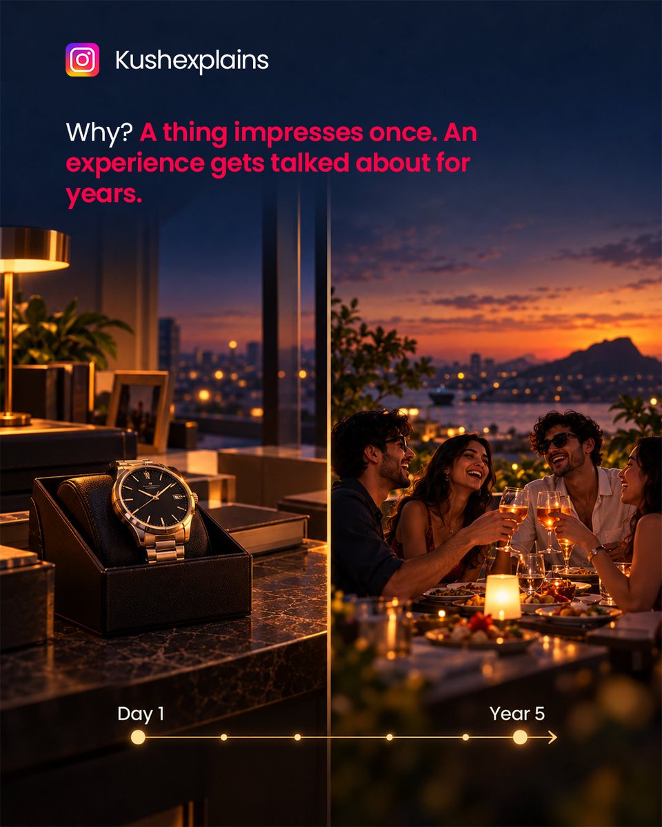 Kushexplains's tweet photo. The new flex isn't a car. It's a boarding pass. ✈️

For decades, success meant owning things. The car, the watch, the bigger house. Now the flex has changed. It's the trip, the concert, the meal, the story worth posting.

Why? A thing impresses once. An experience gets talked about for years. Social media rewards experiences, not possessions. Nobody posts their new refrigerator anymore. They post Bali.

And a new car feels normal within weeks. But a great memory rarely fades. Younger buyers feel it most, they would rather collect experiences than clutter.

Whole industries are shifting with it. Travel, dining, live events and classes are booming, while malls keep losing ground.

Just remember, experiences still have a price. Spend on the ones worth remembering.

Follow @kushexplains for more. 👇

#experiences #spending #moneymindset #personalfinance #genz

Disclaimer:

⚠️ Educational and informational content only. Not financial advice. This is a general observation on spending trends for reflection, not a recommendation on how to spend or invest. Not a sponsored post.

[experiential spending, experience economy, spending habits, Gen Z spending, Gen Z consumers]