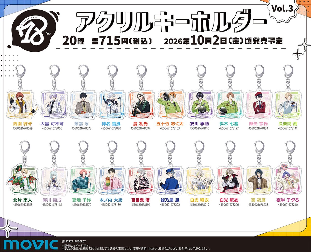 18trip_goods01's tweet photo. 【グッズ情報】

『18TRIP』新商品がアニメイト店舗に順次入荷中！

✈アクリルスタンド
✈ステッカー
✈アクリルキーホルダー

https://t.co/QZ3Dph38fu https://t.co/jUXsLNb8Kk