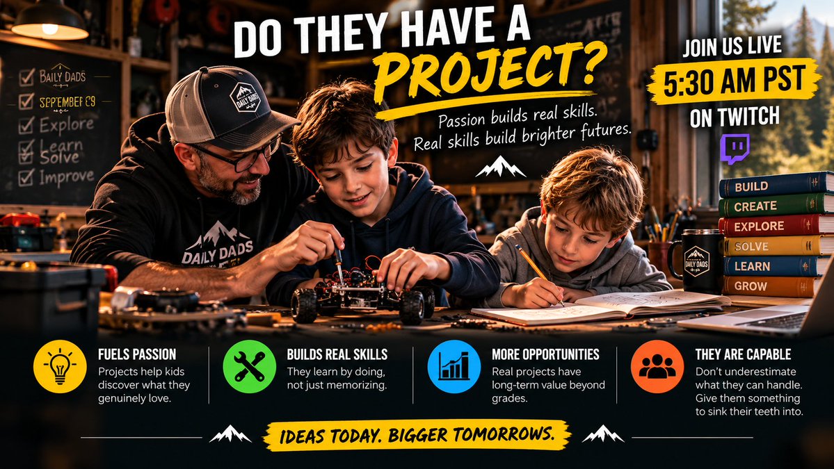MyDailyDads's tweet photo. WE’RE LIVE!
Does your kid have something they’re genuinely excited to build, create, or figure out?
Today we’re talking about why their own projects can turn curiosity into passion—and passion into real-world skills.
#DailyDads #Parenting #DadLife
@DRouzaud @FaithIronFit @Beuks605 @DylanRayDotETH