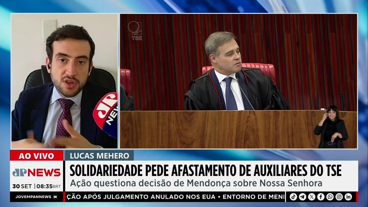 A split-screen broadcast from JR News features Lucas Mehoro live at 08:35 BRT on September 30, alongside footage of a TSE judge, with the headline "SOLIDARIEDADE PEDE AFASTAMENTO DE AUXILIARES DO TSE" and subheading stating the action challenges Mendonça's decision regarding Nossa Senhora, aligning with the post's discussion of Solidarity's call to remove Nunes Marques, Mendonça, and Estela Aranha from TSE actions.