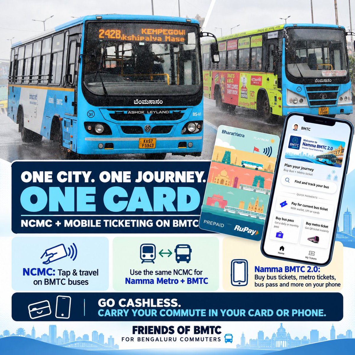 FriendsofBMTC's tweet photo. 🚌💳 One city. One journey. One card.NCMC and mobile ticketing are making BMTC travel more convenient and cashless. 

Tap your NCMC card on BMTC buses or use the Namma BMTC 2.0 app to buy tickets, passes and more.

📱A detailed guide on NCMC &amp; mobile ticketing will be shared soon https://t.co/Sh3j0EOlU3