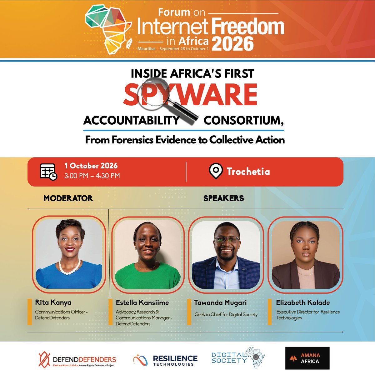 DefendDefenders's tweet photo. Amana Africa, a consortium comprising DefendDefenders, Resilience Technologies, and Digital Society Africa, built an African-led response to the growing threat of spyware targeting civil society. The consortium brings together expertise in spyware forensics, digital security, and advocacy to strengthen accountability and protection across the continent.

Tomorrow, on the margins of #FIFAfrica2026, join us for a conversation titled: Inside Africa's first spyware accountability consortium: From forensic evidence to collective action. Be part of the conversation at Trochetia, from 3:00–4:30 PM, as we explore how African expertise can strengthen spyware detection, forensic investigations, evidence collection and advocacy.

#FIFAfrica2026