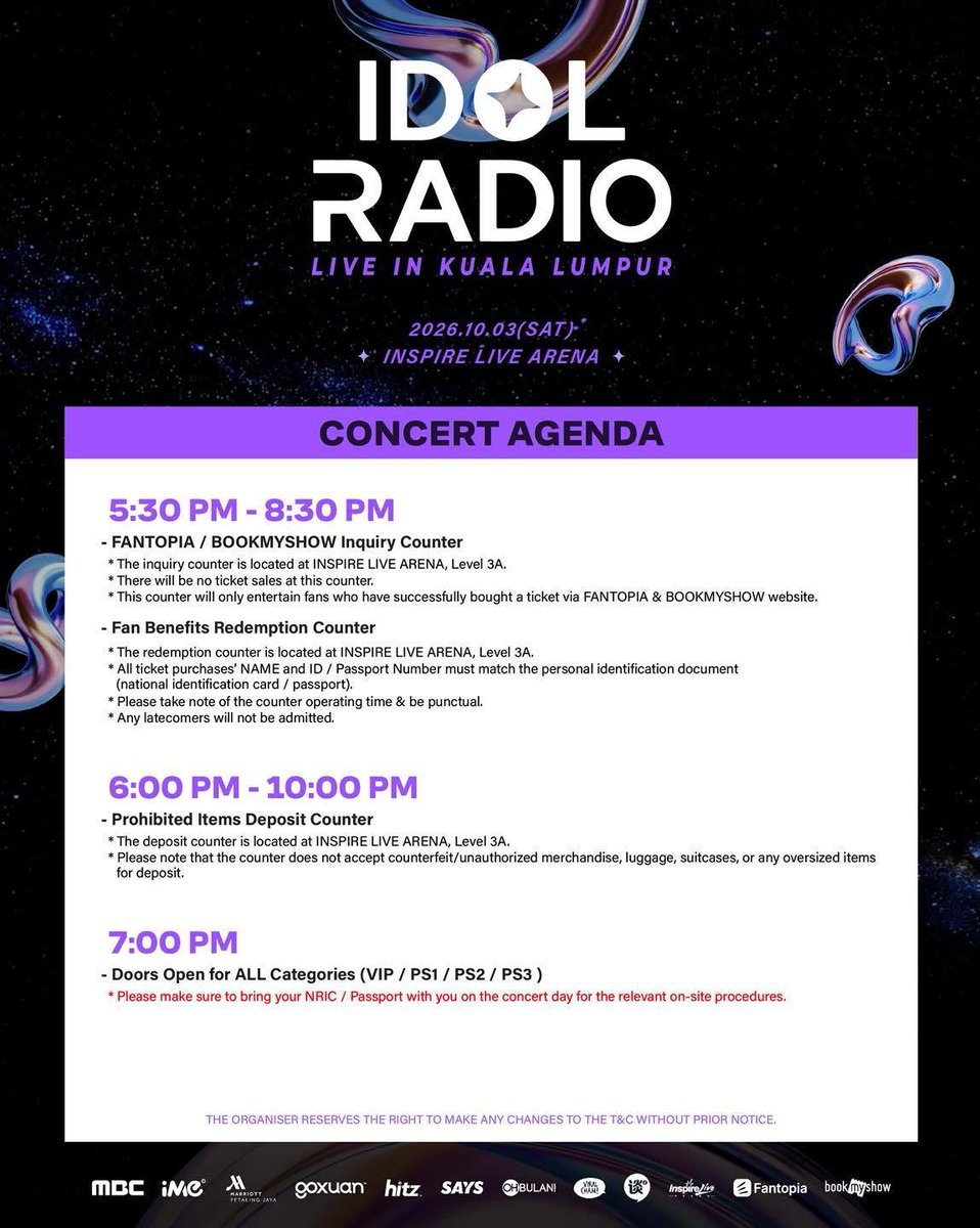 imemalaysia's tweet photo. 𝗜𝗗𝗢𝗟 𝗥𝗔𝗗𝗜𝗢 𝗟𝗜𝗩𝗘 𝗜𝗡 𝗞𝗨𝗔𝗟𝗔 𝗟𝗨𝗠𝗣𝗨𝗥

Before you make your way to the show, make sure you’ve got these timings locked in! ⏰✨

Check the redemption & entrance times, plan your journey, and most importantly… DON’T BE LATE! 🚨
⚠️ Latecomers will not be entertained.

FULL CONCERT AGENDA: https://t.co/FFkHqI4AJC

Follow iMe MY and MBC RADIO for the latest news and updates!

#IDOLRADIO
#MBCRADIO
#KISS_OF_LIFE #키스_오브_라이프
#82MAJOR #82메이저
#WHIB #휘브
#ISMAIL_IZZANI
#iMeMY #iMeMalaysia #iMeAsia
#PetalingJayaMarriottHotel
#MALAYSIA #KUALALUMPUR
#INSPIRELIVEARENA