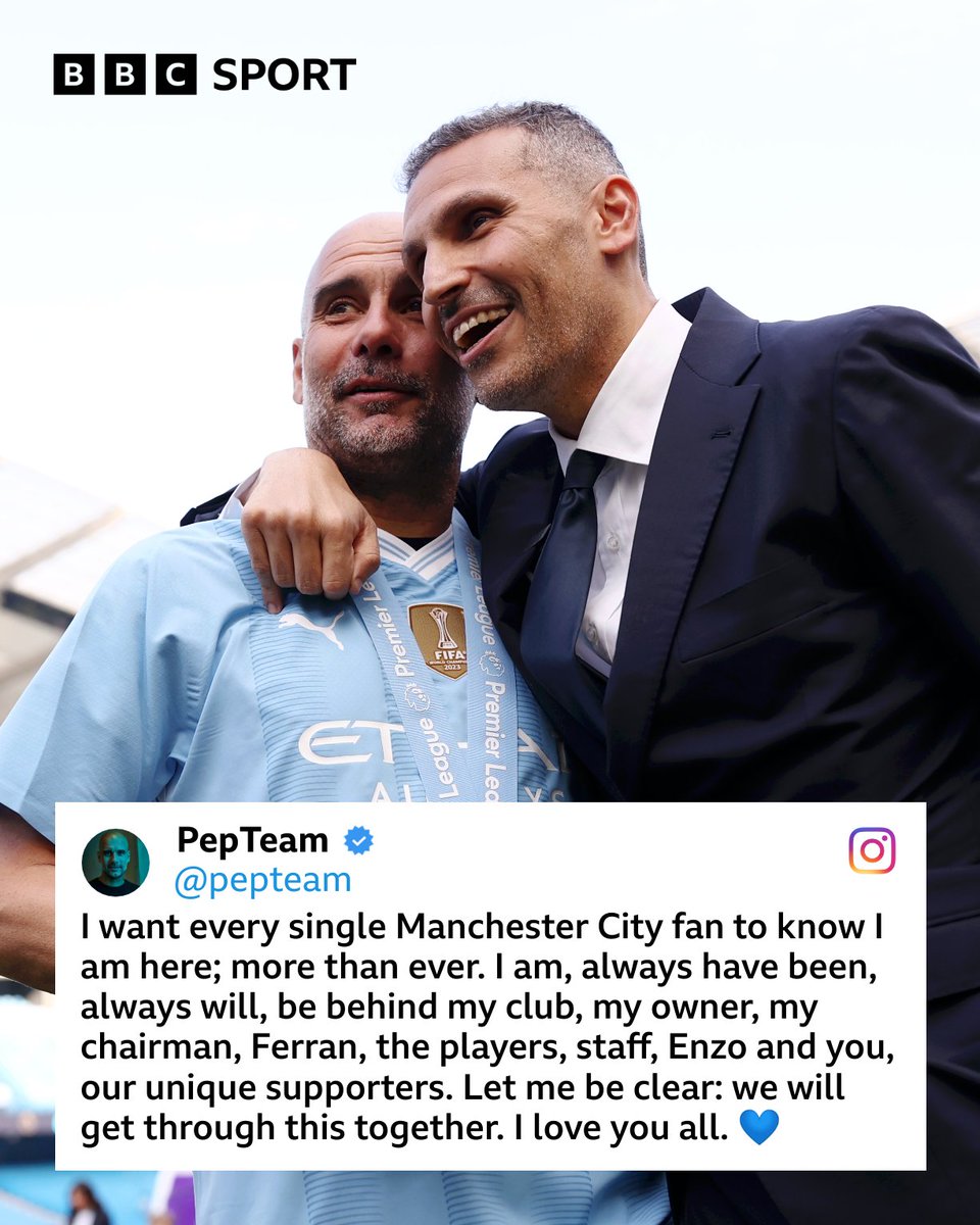 BBCSport's tweet photo. Pep Guardiola has posted for the first time since Man City's guilty verdicts were announced. https://t.co/MzNXF4OKzz