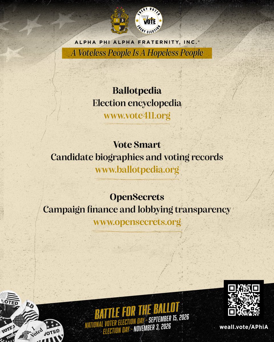 apa1906NETwork's tweet photo. This is ‘The Battle For The Ballot.’ Alpha Phi Alpha Fraternity, Inc. is ensuring you, your family, and your friends how to ‘Research The Candidates’ for the upcoming 2026 Midterm Elections.
 
Remember, ‘A Voteless People Is A Hopeless People.’ https://t.co/wS64ab4ltR