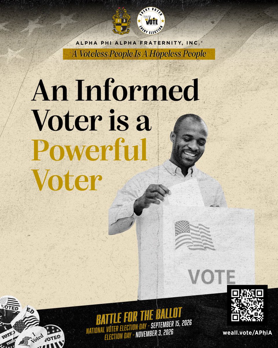 apa1906NETwork's tweet photo. This is ‘The Battle For The Ballot.’ Alpha Phi Alpha Fraternity, Inc. is ensuring you, your family, and your friends how to ‘Research The Candidates’ for the upcoming 2026 Midterm Elections.
 
Remember, ‘A Voteless People Is A Hopeless People.’ https://t.co/wS64ab4ltR